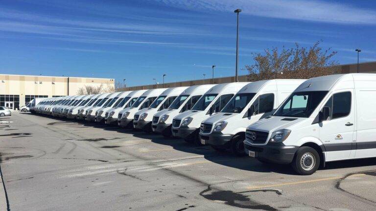 Fleet of white delivery vans parked in rows outside a commercial building under a clear blue sky.