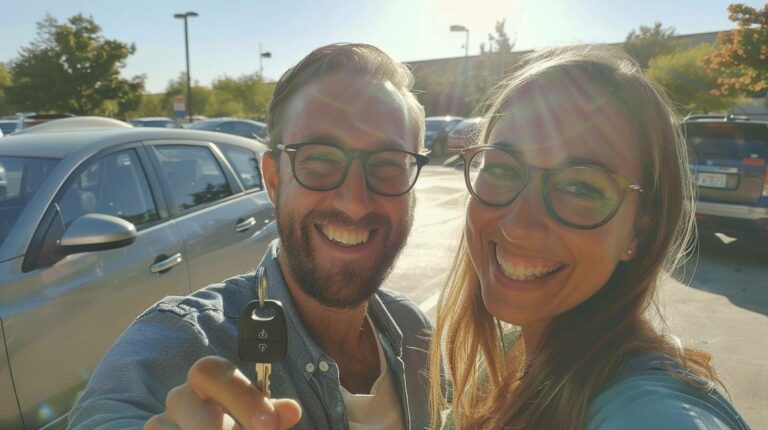 Happy couple taking a selfie in a sunny parking lot, holding car keys and smiling next to their new car.