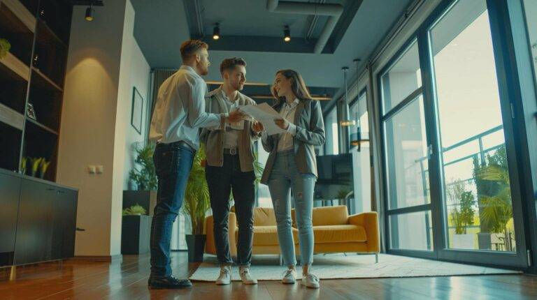 Real estate agent showing a modern apartment to a young couple in a brightly lit living room with large windows and contemporary decor.