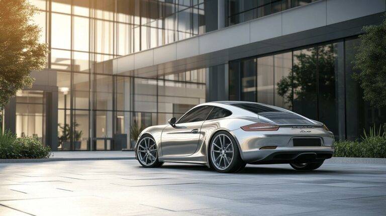 Silver Porsche sports car parked outside a modern glass office building in a business district during daylight.