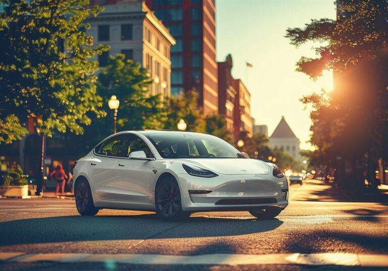 White electric vehicle driving on a city street during the golden hour.