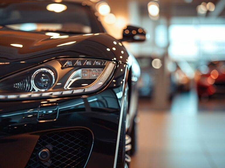 Close-up of a luxury sports car's headlight in a showroom.