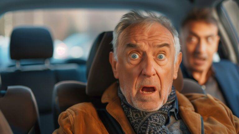 Shocked older man in the front seat of a car with a concerned passenger in the backseat.