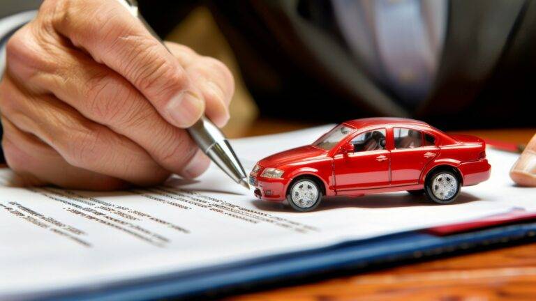 Close-up of a person signing a car purchase contract next to a miniature red car model.