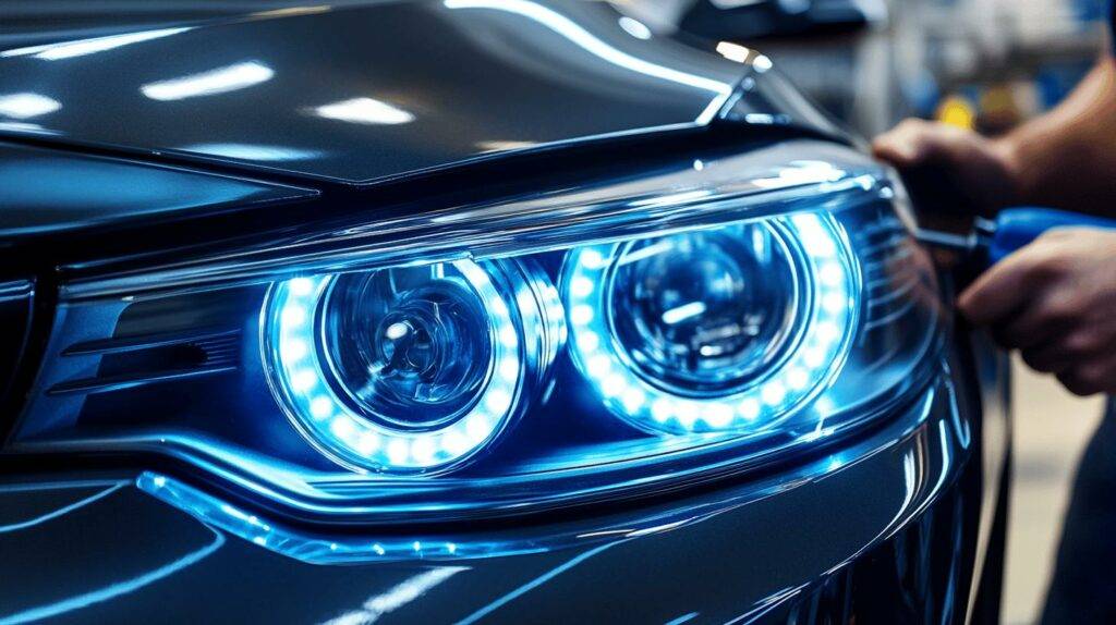 Close-up of modern car headlights with bright blue LED rings