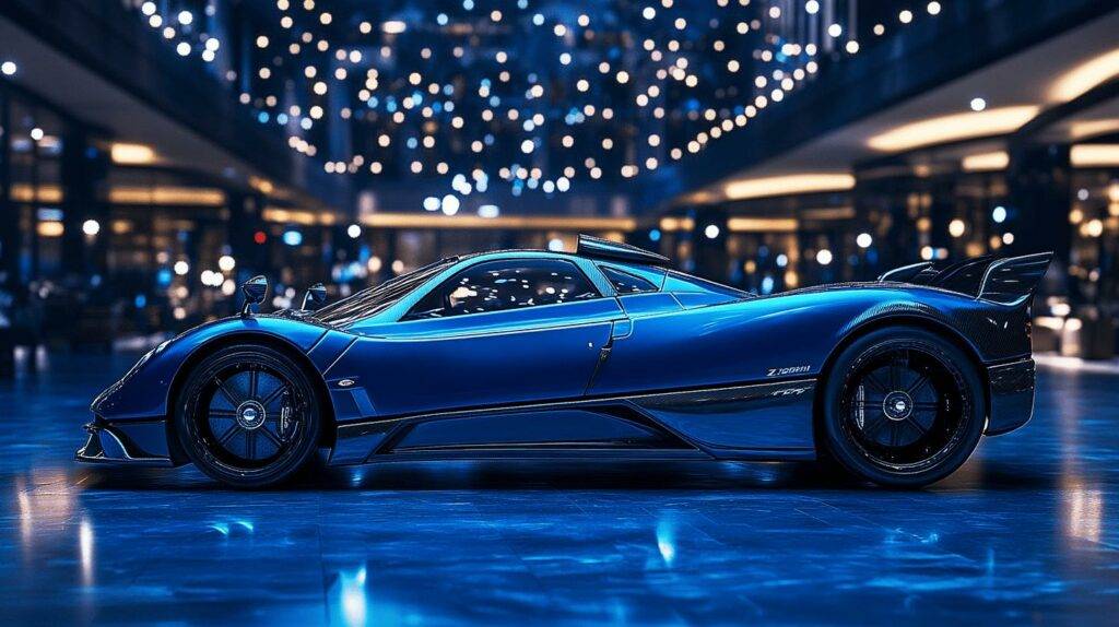 Blue Pagani Zonda HP Barchetta supercar displayed in a luxurious showroom with twinkling lights