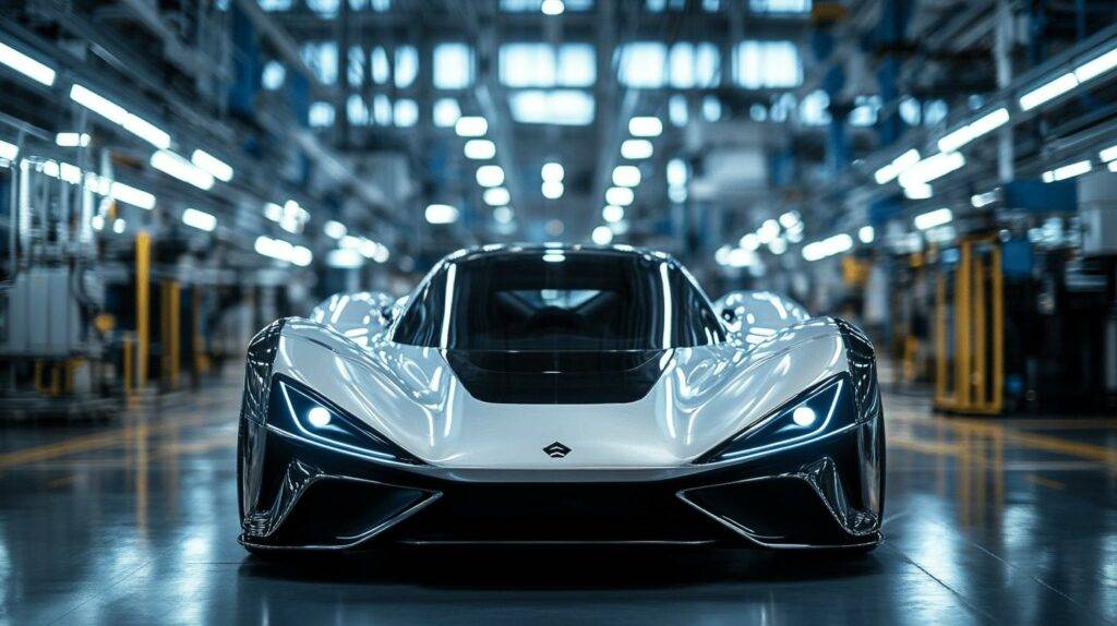 Futuristic silver supercar in a high-tech manufacturing facility