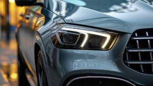 Close-up of a modern car headlight with LED lights and a sleek design.