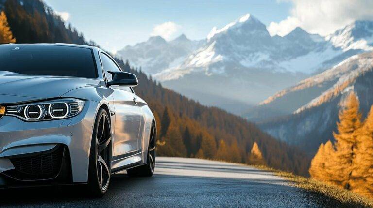 Silver German car on a mountain road with autumn foliage and snow-capped peaks in the background.