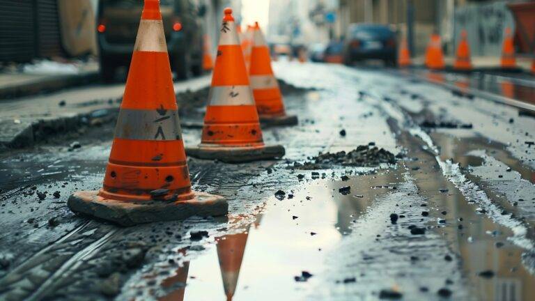 Orange traffic cones on a muddy road under construction.