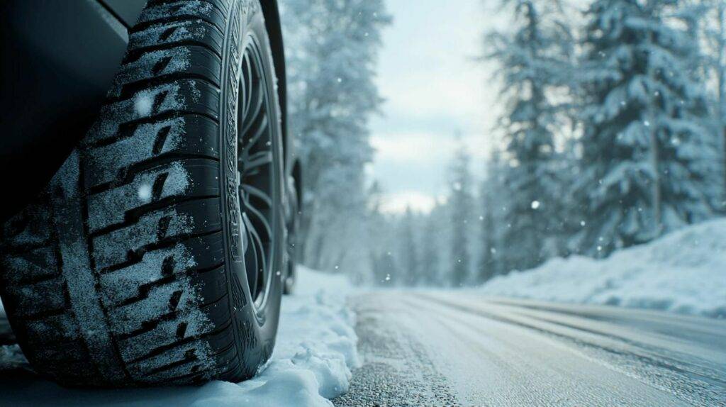 Close-up of a winter tyre on a snowy road