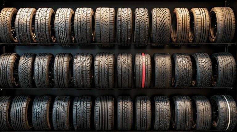 Rows of various car tyres on display shelves