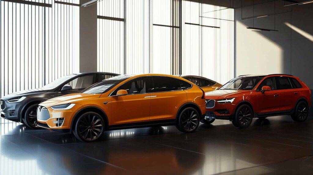 Modern electric SUVs in orange and red displayed in a showroom.

