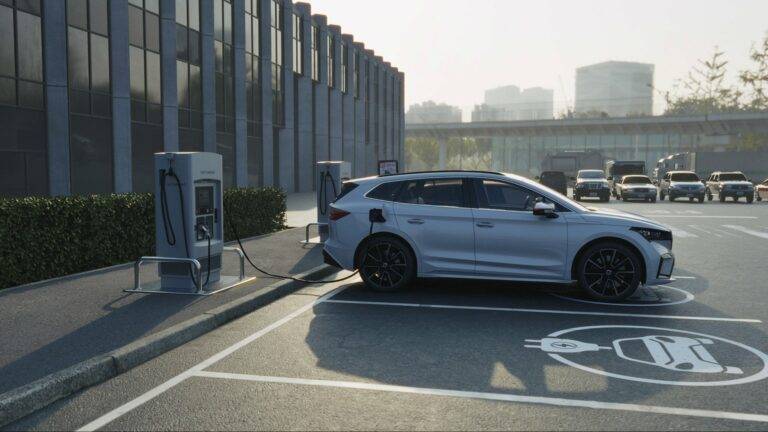 An electric car parked and charging at a city charging station.