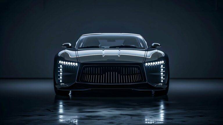 Front view of a modern sports car with vertical LED headlights in a dark studio.