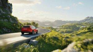 A red car driving on a winding road through scenic green hills and mountains.