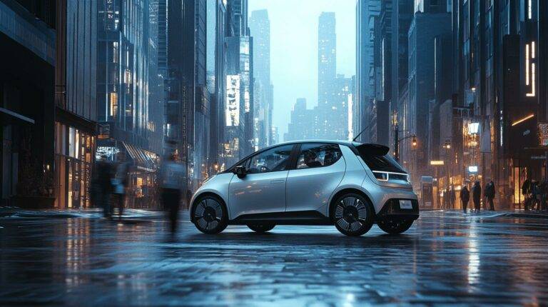 Electric car parked in a futuristic city street at night