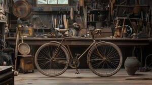 Vintage bicycle in an old workshop with tools on the wall