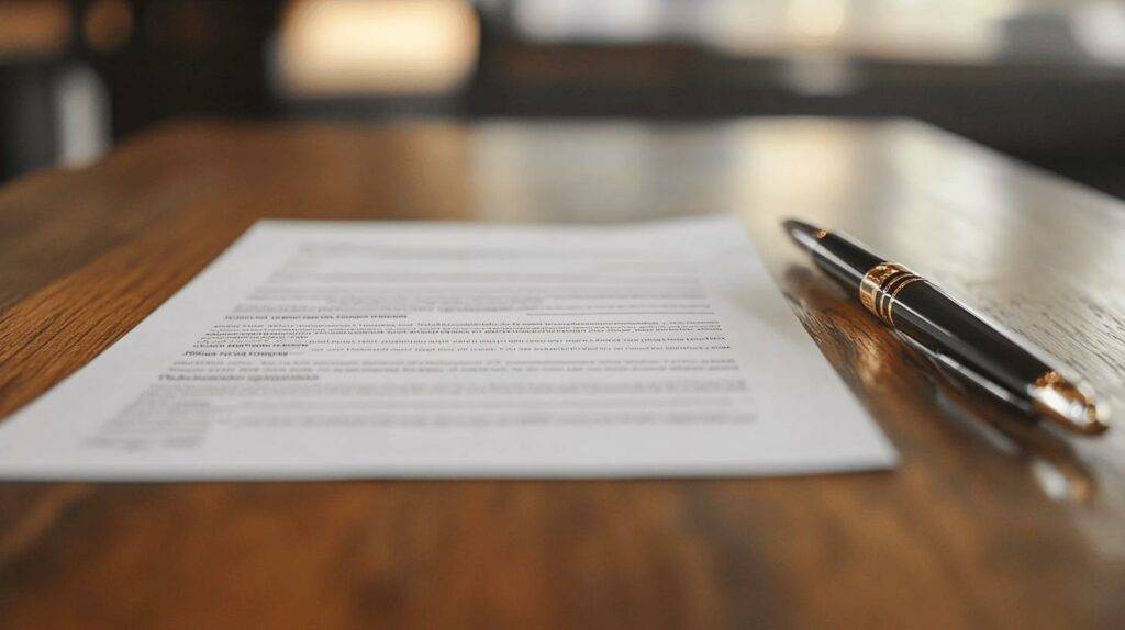 Contract document and pen on wooden desk surface, shot with shallow depth of field