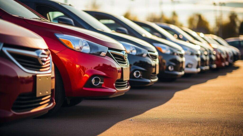 Line-up of cars in different colours parked at a dealership, highlighted by warm sunlight