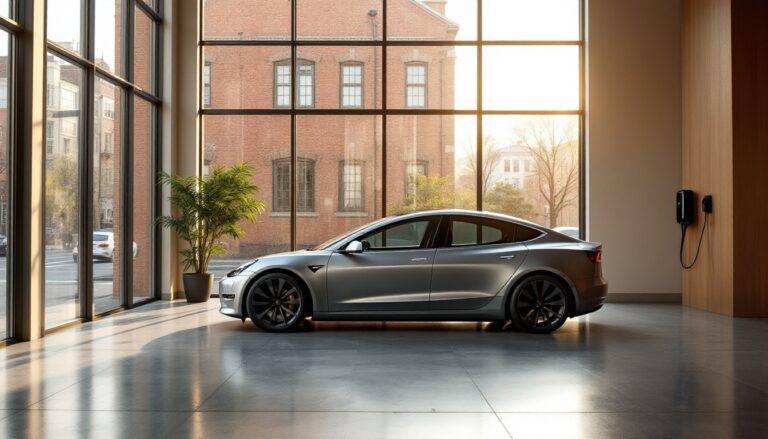 Silver electric car in a modern showroom with an EV charger and large windows overlooking a historic building.