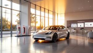 A white Tesla car inside a modern showroom with charging stations visible