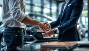 Two men shaking hands in a car dealership showroom