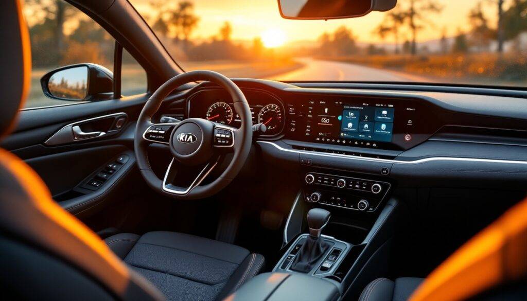 Interior view of a Kia car with a sleek dashboard and modern steering wheel, sunset visible through the windshield