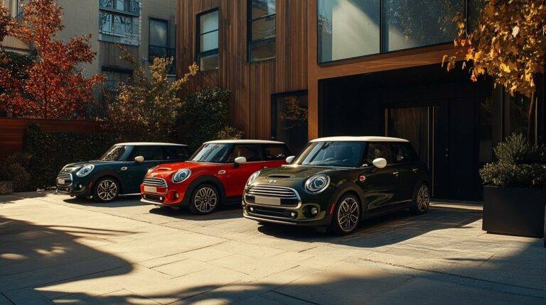 Three Mini Cooper cars parked in front of a modern building with autumn trees